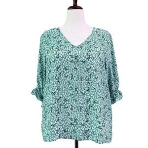 Floral V-Neck Ruffle-Sleeve Blouse — Green — XL — by Well Worn